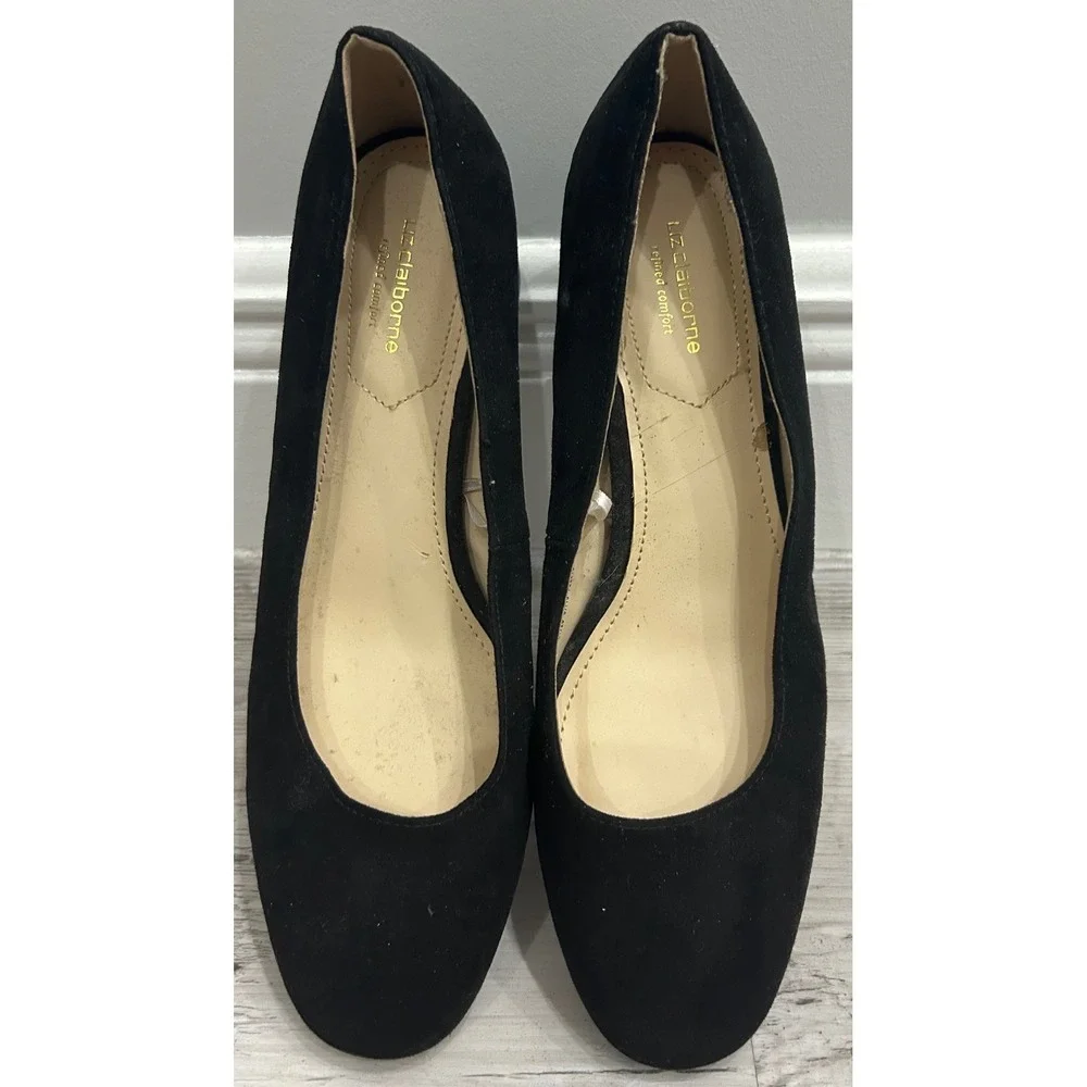 Liz Claiborne Womens Black Faux Suede Round Toe Block Heel Pumps Classic 9.5